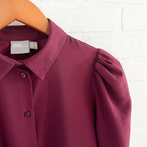 ASOS Mini Shirt Dress Button down Long Tulip sleeve Princess shoulder Burgundy 4 - Picture 6 of 14